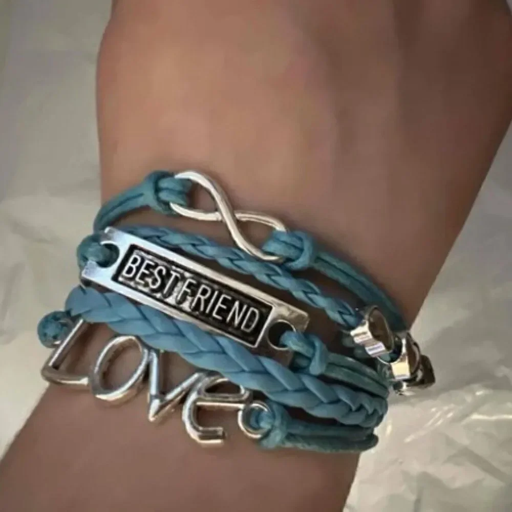 INFINITY LOVE HEART BEST FRIEND LEATHER LAYERED BRACELET IN BLUE AND SILVER